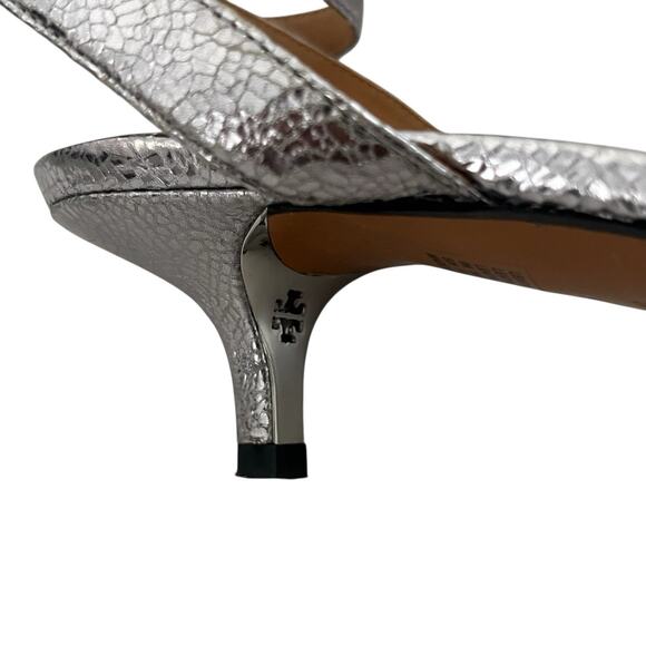 Tory Burch Elana  Leather Sandals Ankle strap Kitten Heel Silver Size 9 Holidays - Picture 6 of 12